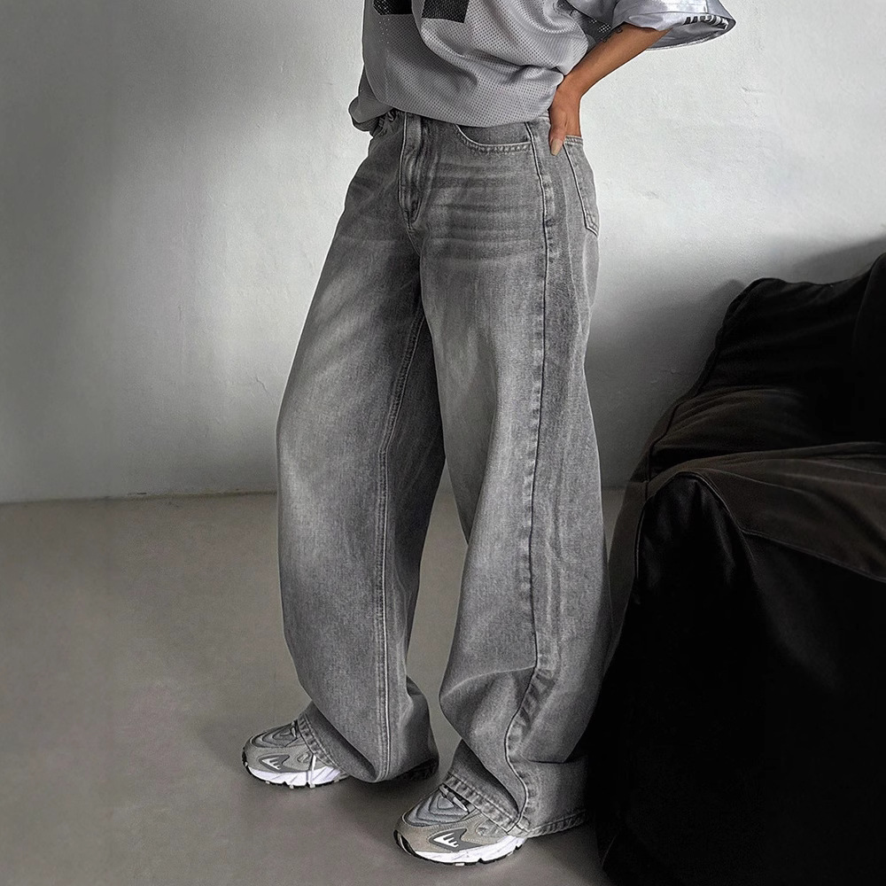 High-Waisted Wide-Leg Trousers - Relaxed Fit Flowing Casual Pants in Smoke Gray