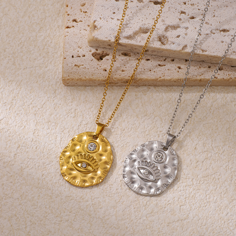 Mystic Evil Eye Hammered Pendant Necklace - Waterproof Stainless Steel Zircon Coin Jewelry