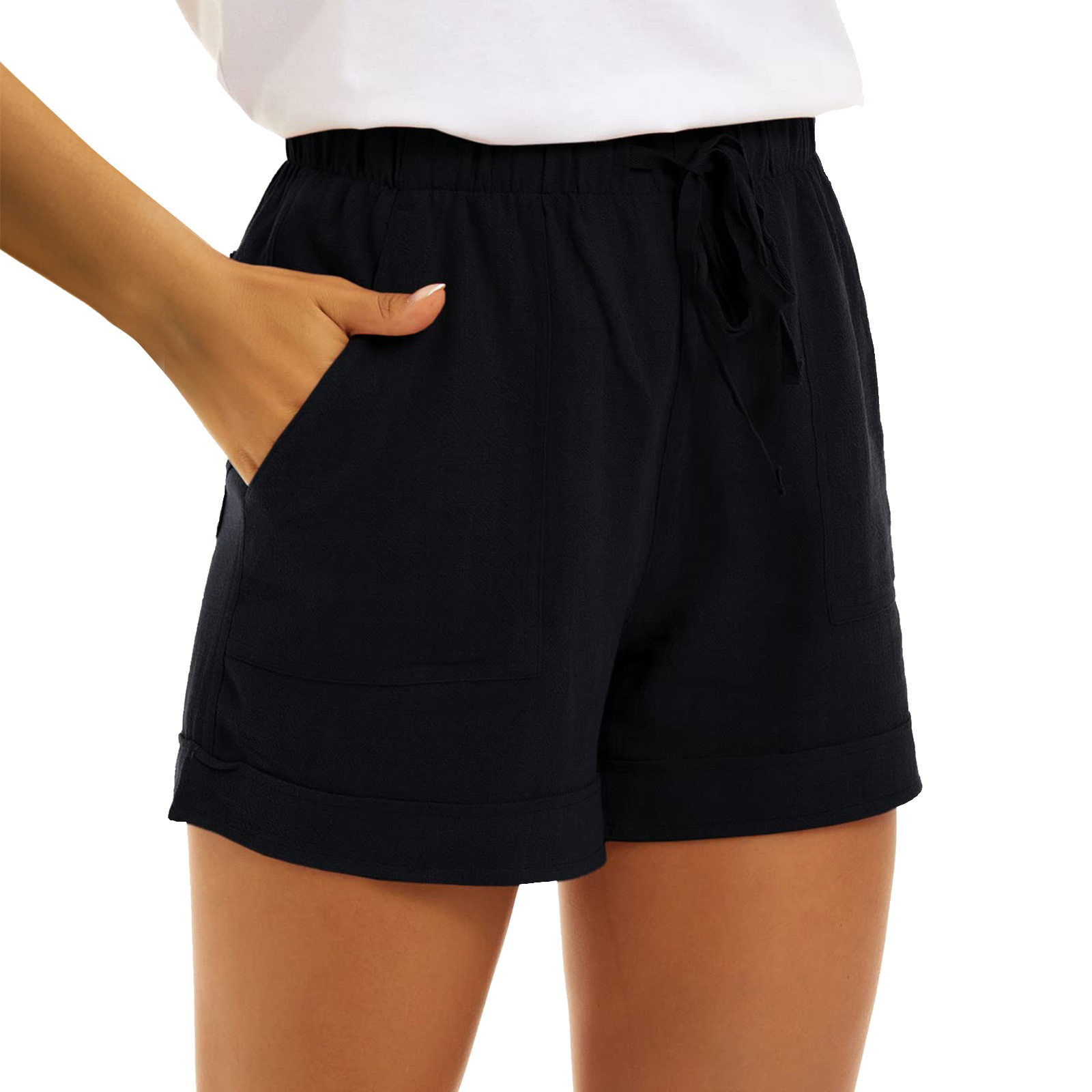 Women's High-Waisted Cotton Linen Shorts | Casual Summer Tie-Waist Lounge Shorts with Pockets