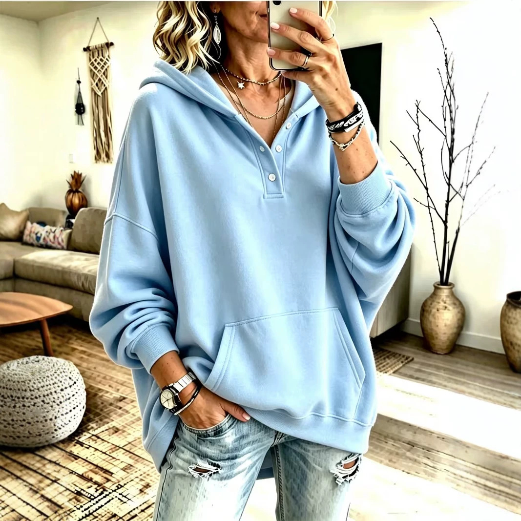 Women's Elegant Relaxed-Fit Long Sleeve Pullover Top with Pockets