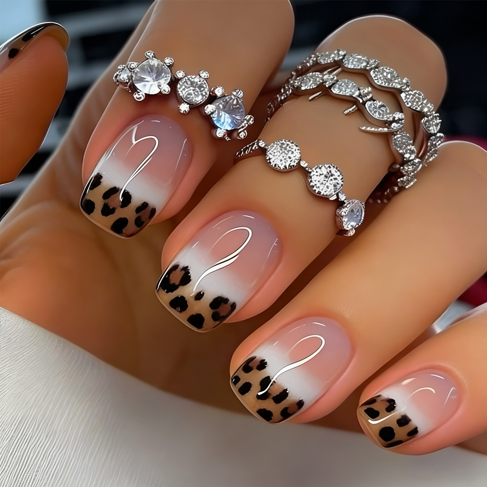 24 Pcs Chic Leopard Print French Tip Press-On Nails Kit - Acrylic Square Gradient False Nails Set with Glue & File