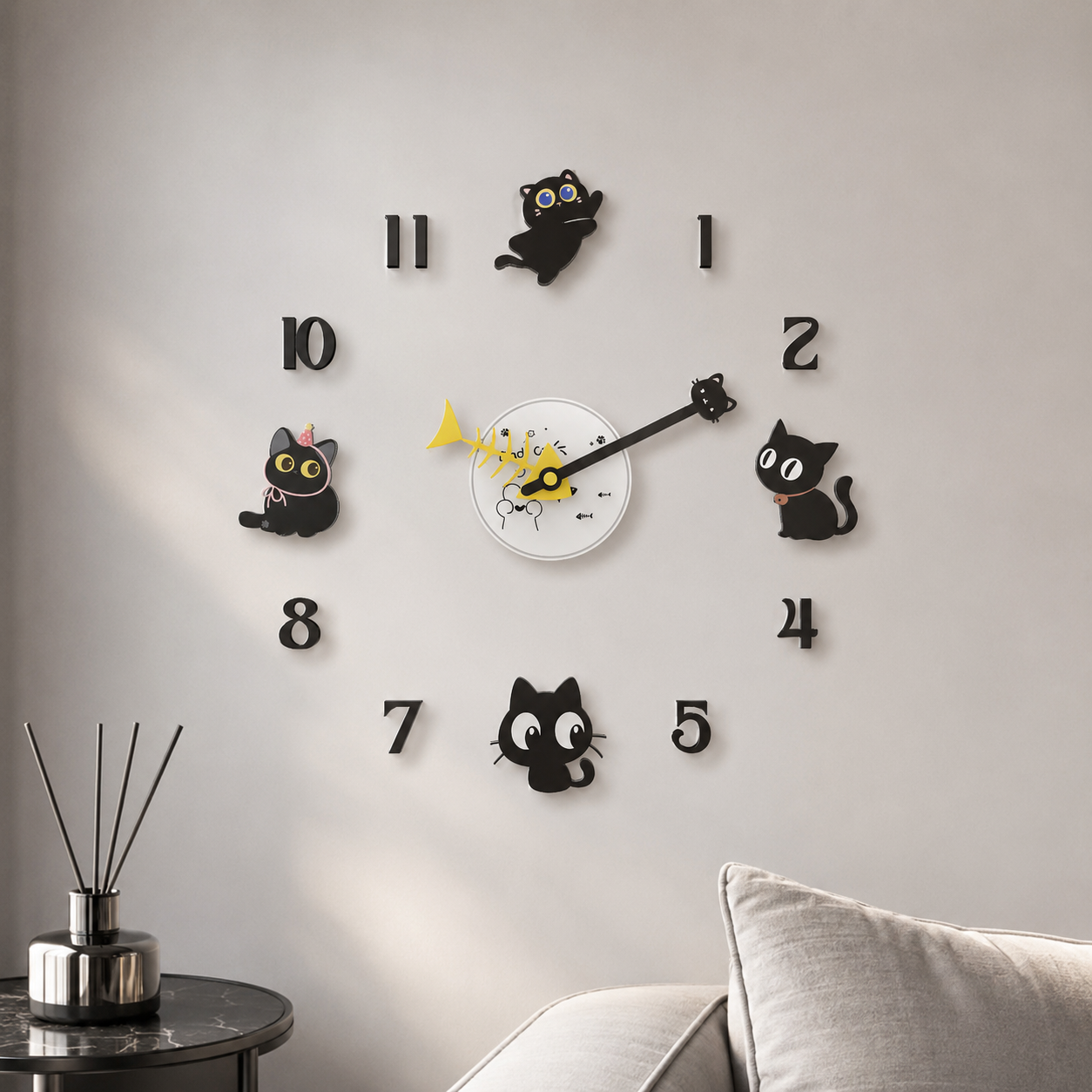 Playful DIY Black Cat Silent Wall Clock - Creative Acrylic Cartoon Design for Living Room, Kids' Room & Cat Lovers
