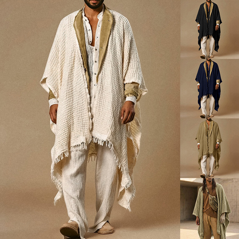 Men's Hooded Cape Coat with Tassel Trim - Stylish Mid-Length Loose Fit Cloak Jacket