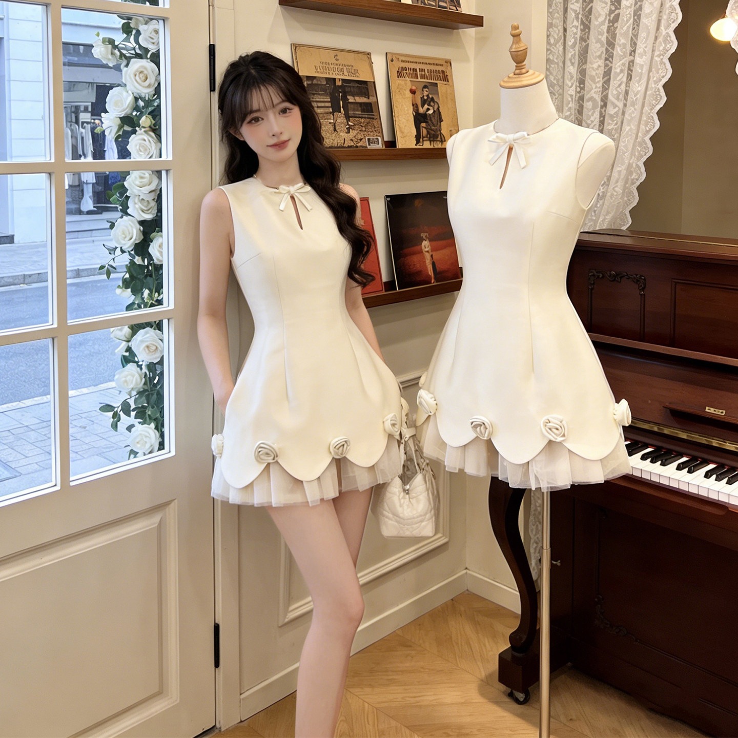 Elegant Sleeveless Floral Mesh Patchwork Dress - Apricot High-Waist Sweet Style