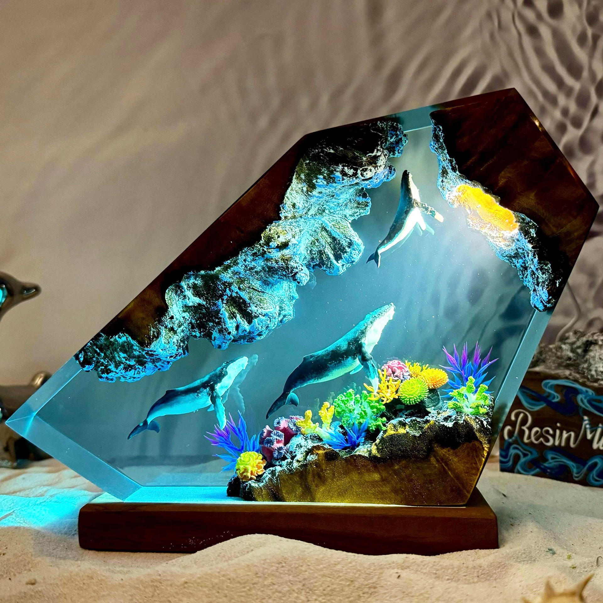 Handcrafted Whale Epoxy Resin and Wood Night Light - Majestic Deep Sea LED Table Lamp