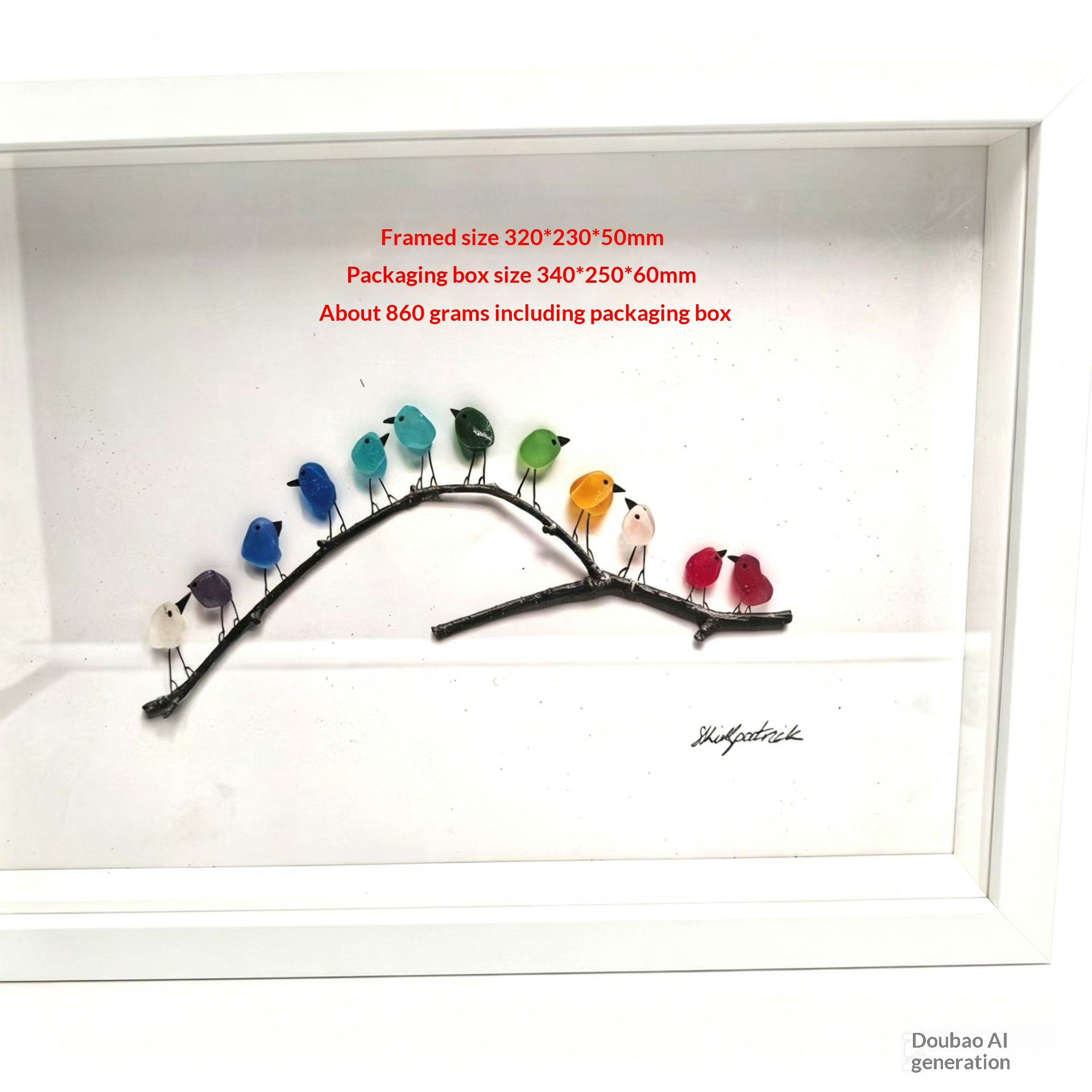 Handcrafted 3D Sea Glass Rainbow Birds on Branch - Unique Framed Wall Art Ornament