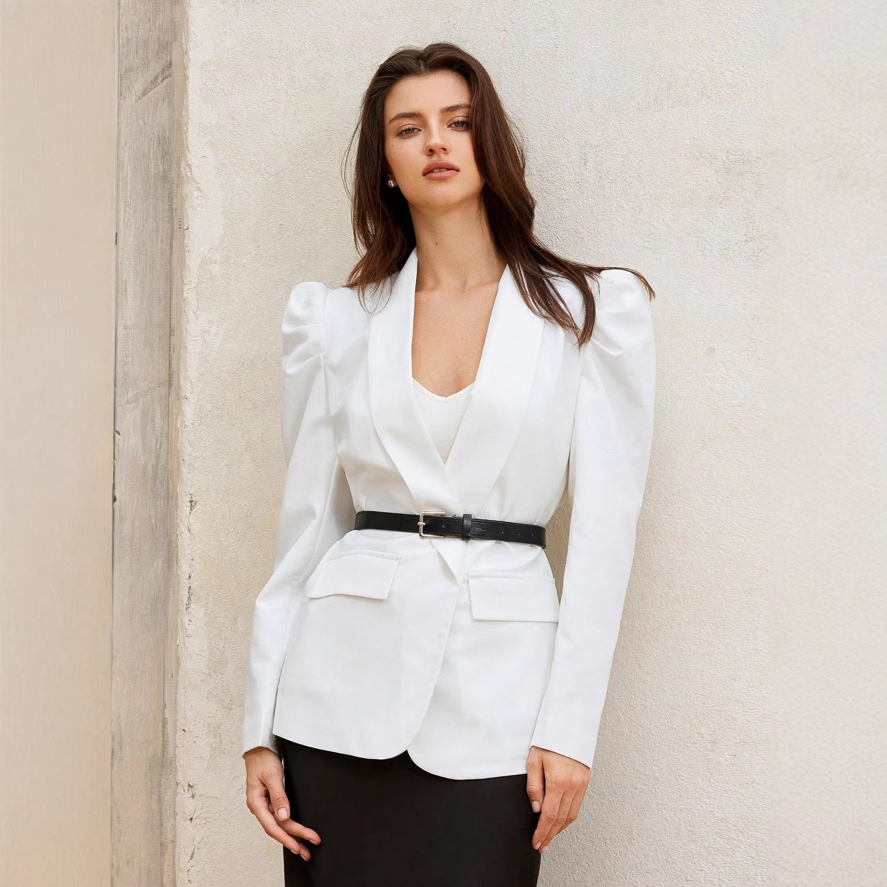 Women's Chic Open-Front Blazer with Elegant Bubble Sleeves - Modern White Jacket