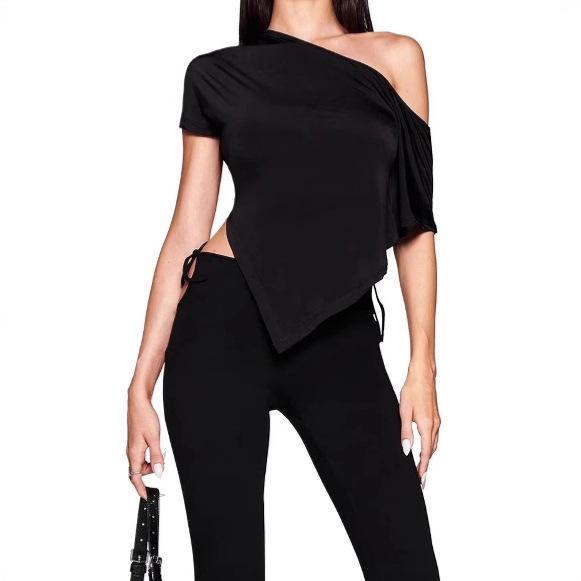 Chic Asymmetrical Off-Shoulder Patchwork Ruffle Top - Women's Short Sleeve Pullover