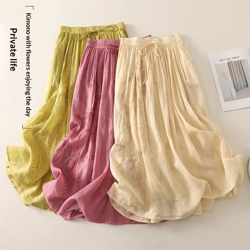 Elegant Embroidered A-Line Midi Skirt with Elastic Waist – Plus Size Literary Vintage Style