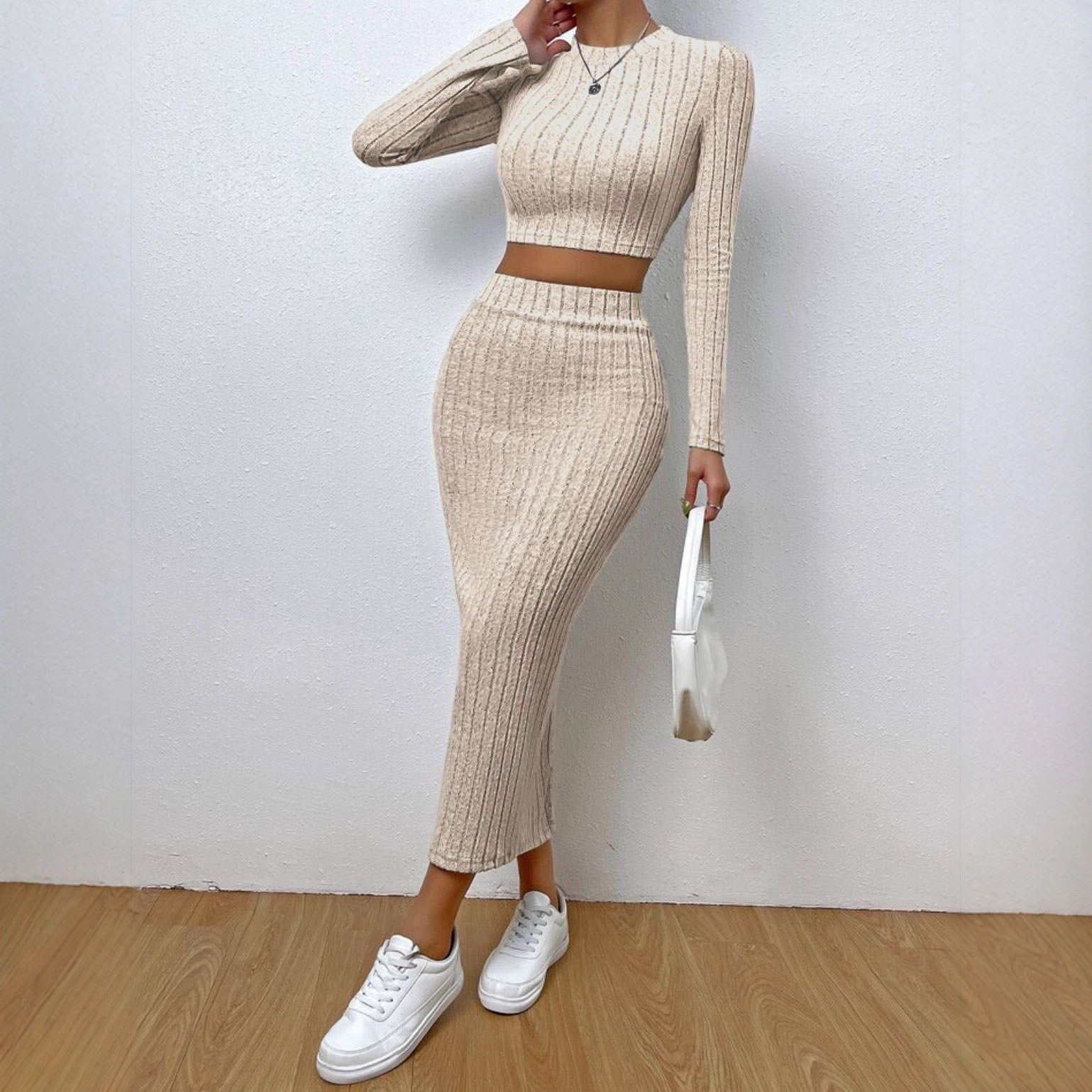 Chic 2-Piece Knit Midi Skirt Set - Women's Long-Sleeve Crewneck Top & Sheath Skirt