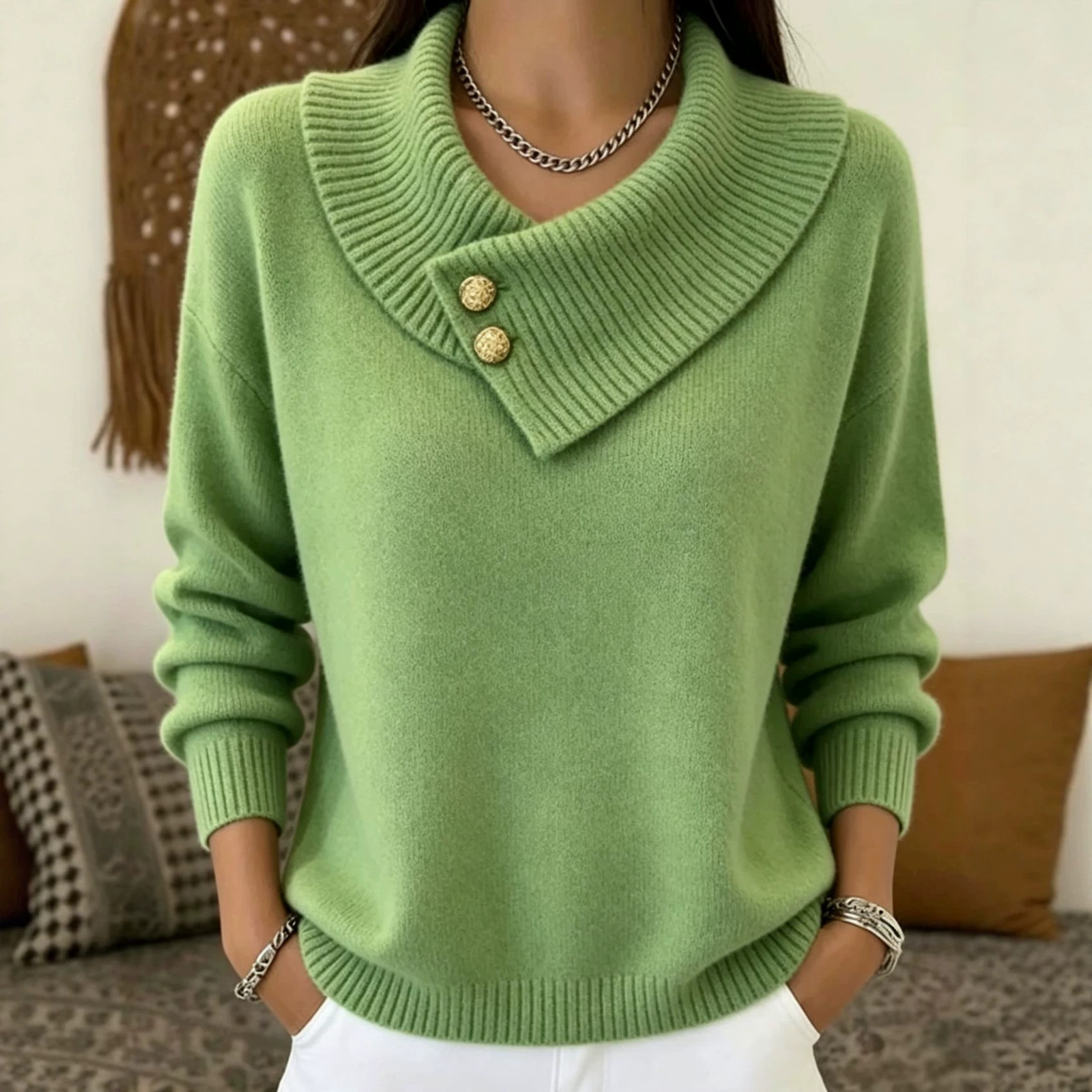 Chic Irregular Lapel Cozy Knit Sweater for Women - Soft Ribbed Pullover Streetwear