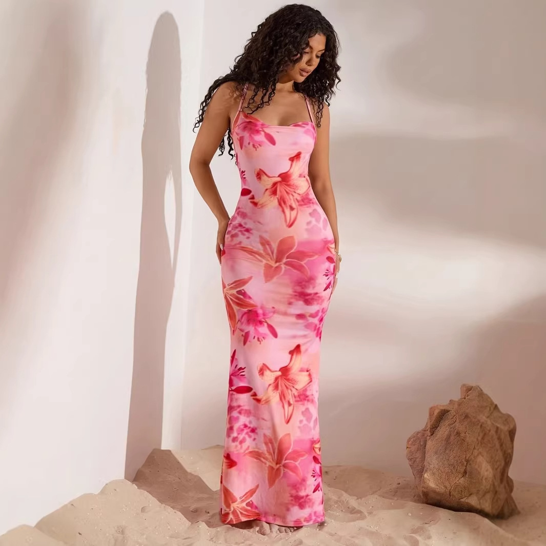 Elegant Pink Backless Maxi Dress - Slim Fit Western-Style Evening Gown