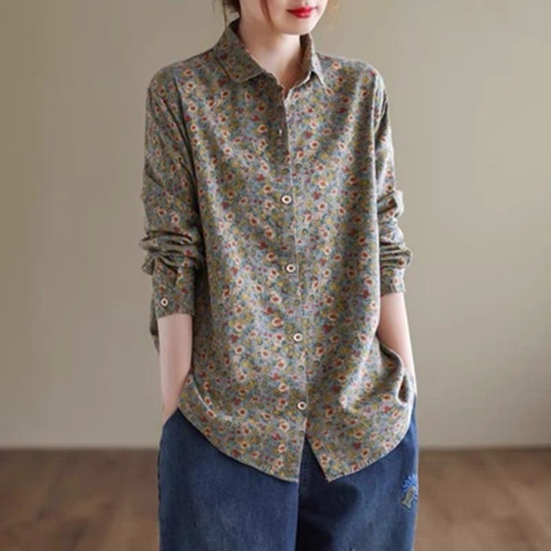 Elegant Women's Floral Cotton Linen Blouse - Retro Long-Sleeve Spring Shirt