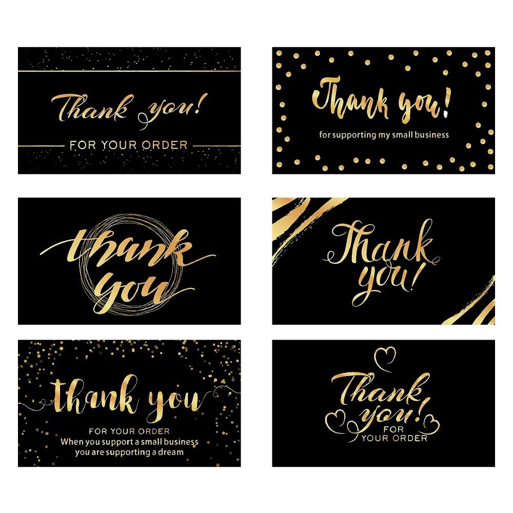 Premium Gold Foil Stamped Thank You Cards (50-Pack) - Elegant Black & Gold Business Insert Cards, 9x5cm