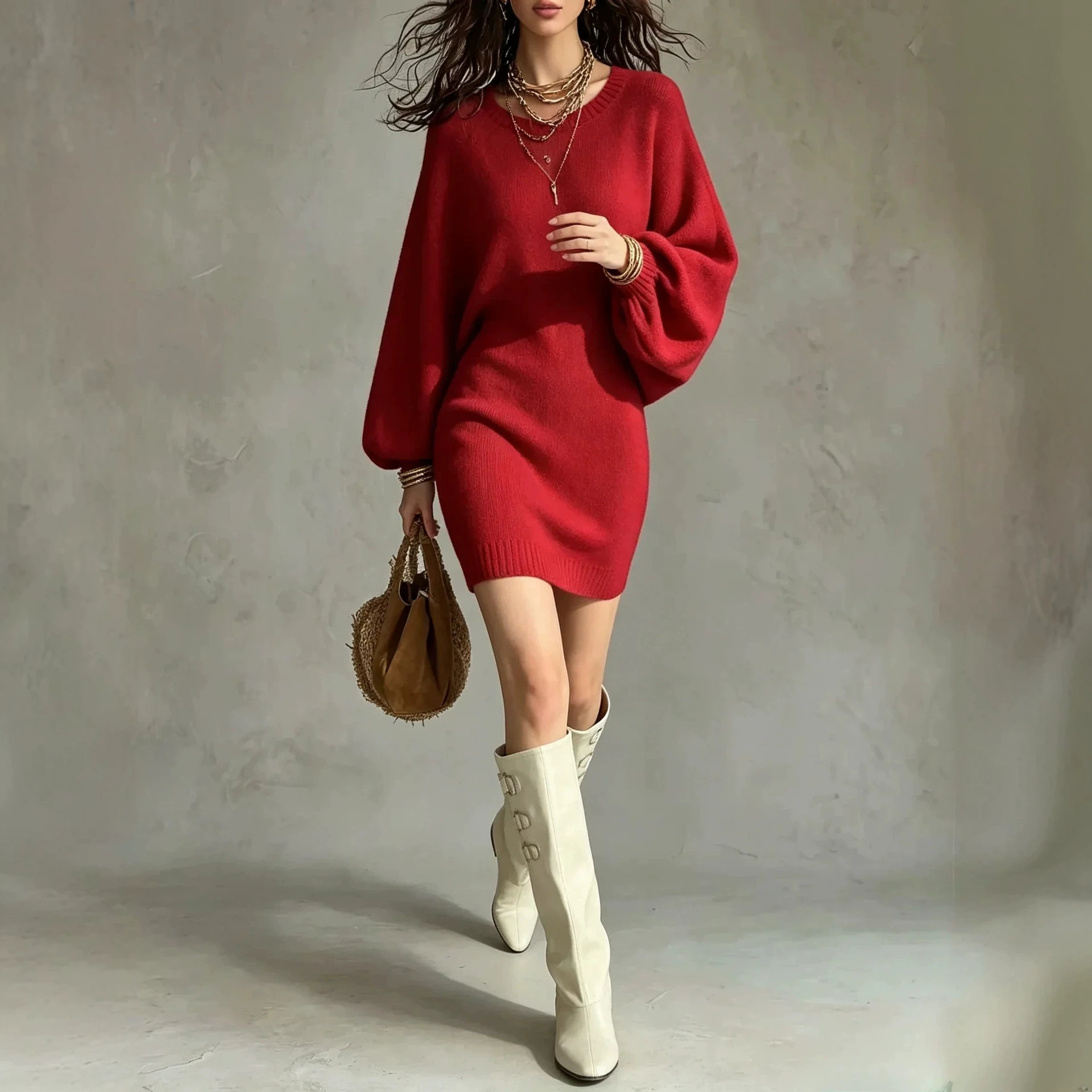 Elegant Round-Neck Knit Midi Sweater Dress - Loose Fit A-Line Pullover