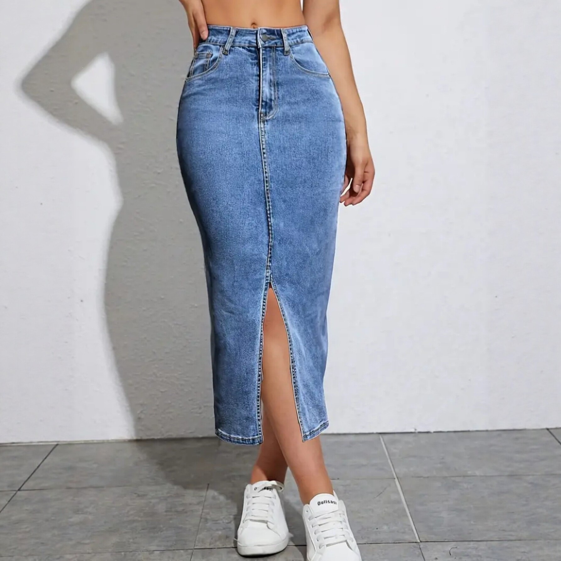 Women's Mid-Length Denim Bodycon Skirt - Stretchy & Figure-Hugging Street Style