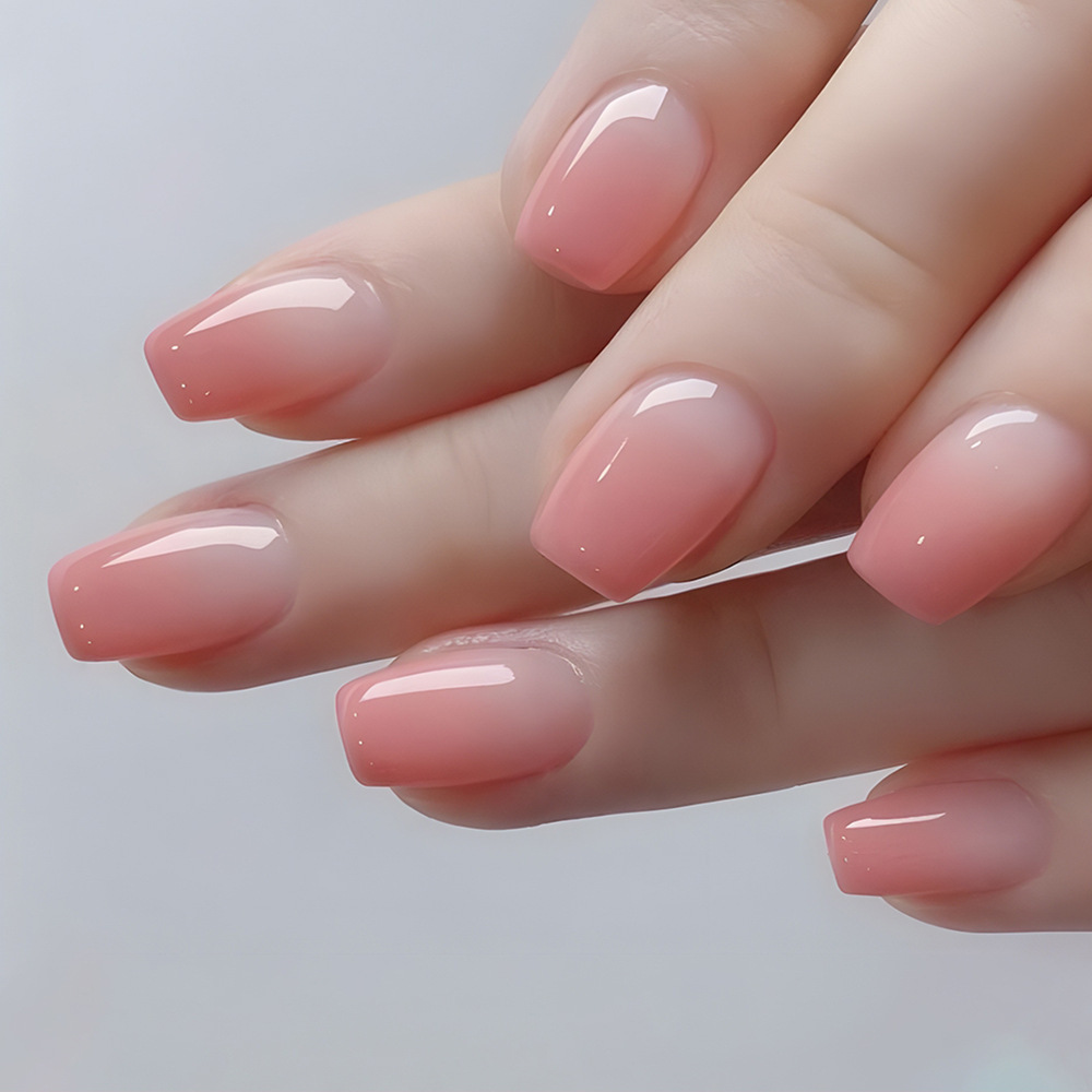 24 Pcs Short Square Pink Gradient Press-On Nails Kit - Elegant Acrylic False Nails with Jelly Glue & File