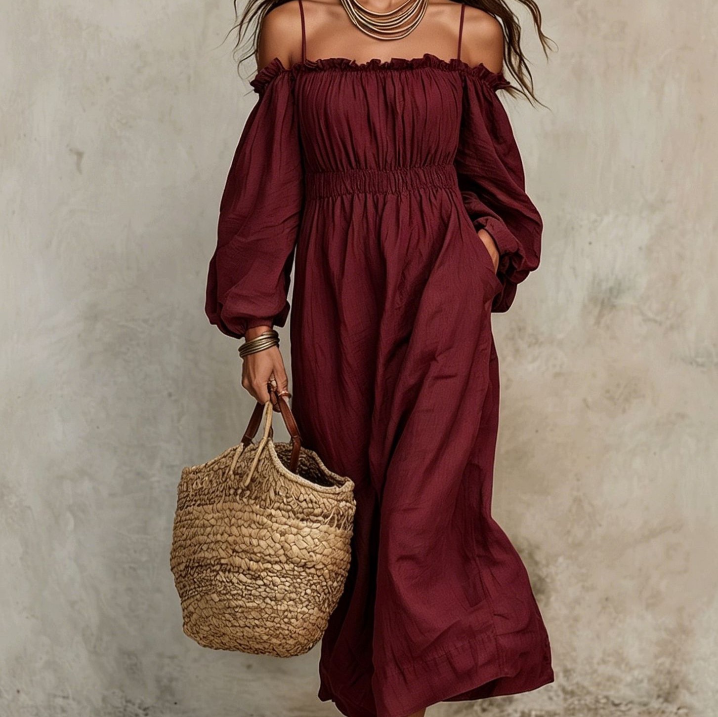 Elegant Women's Off-Shoulder Midi Dress with Puff Long Sleeves - Loose Fit Casual & Party Wear