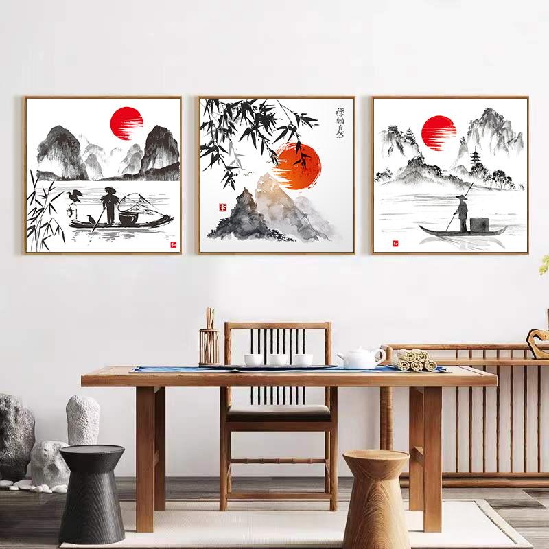 Elegant Chinese Feng Shui Ink-Wash Framed Canvas Wall Art - Modern Zen Decorative Painting for Home & Office