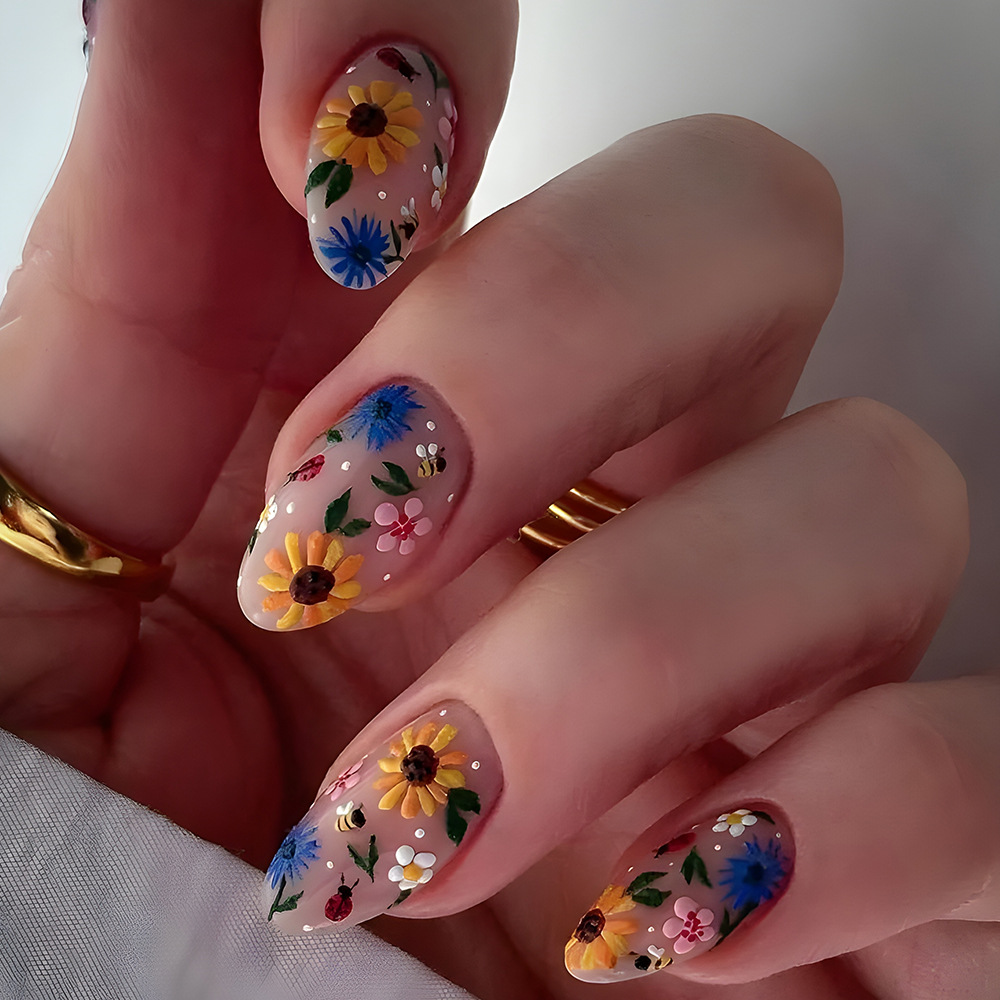 24 Pcs Short Almond Press-On Nails Kit - Cute Yellow Flower & Bee Acrylic False Nails with Gel Glue & File