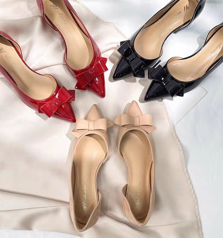 Chic Patent Leather Bow Side Cutout Sandals - Elegant Pointed Toe Slip-On Hidden Wedge Shoes for Women