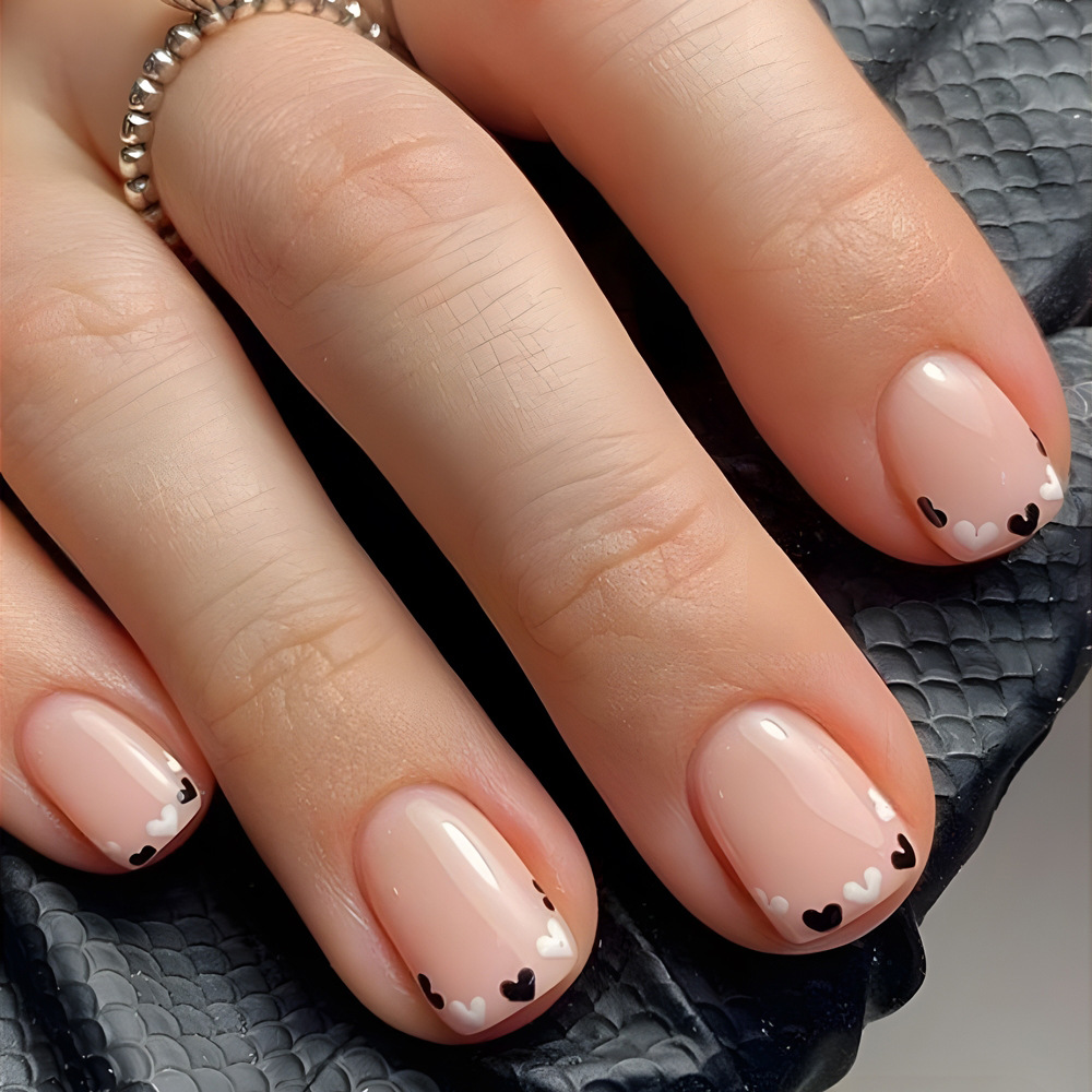 24pcs Valentine's Day Short Square Press-On Nails - Chic Black & White Heart Design DIY Manicure Kit with Glue & File