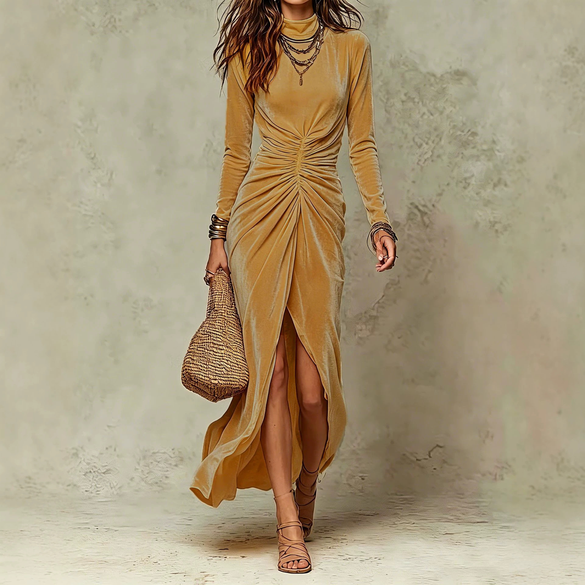 Elegant Mock Neck Long Sleeve Pleated Midi Dress - Waist-Defining Slit Dress