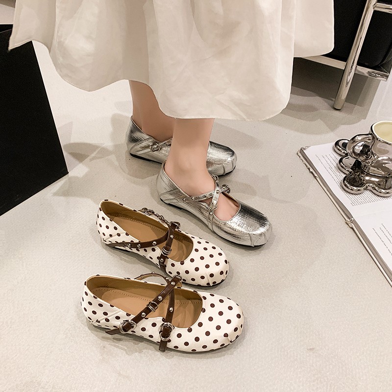 Women's French Style Polka Dot Mary Jane Shoes – Elegant Color-Block Low Heel Flats