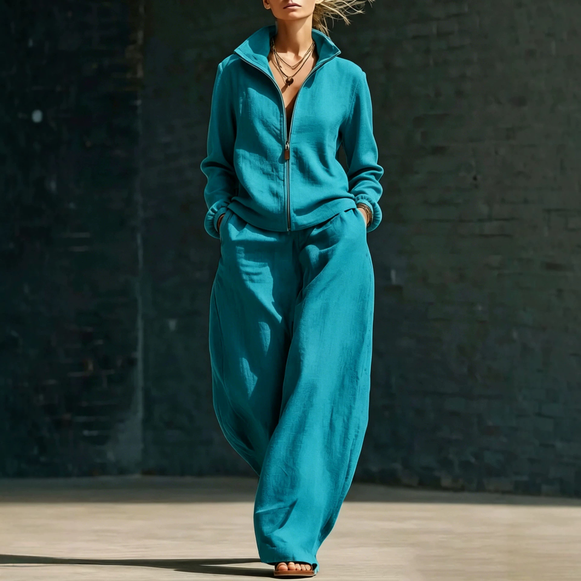 Women's 2-Piece Lounge Set - Chic Stand-Neck Cardigan and Zippered Pants