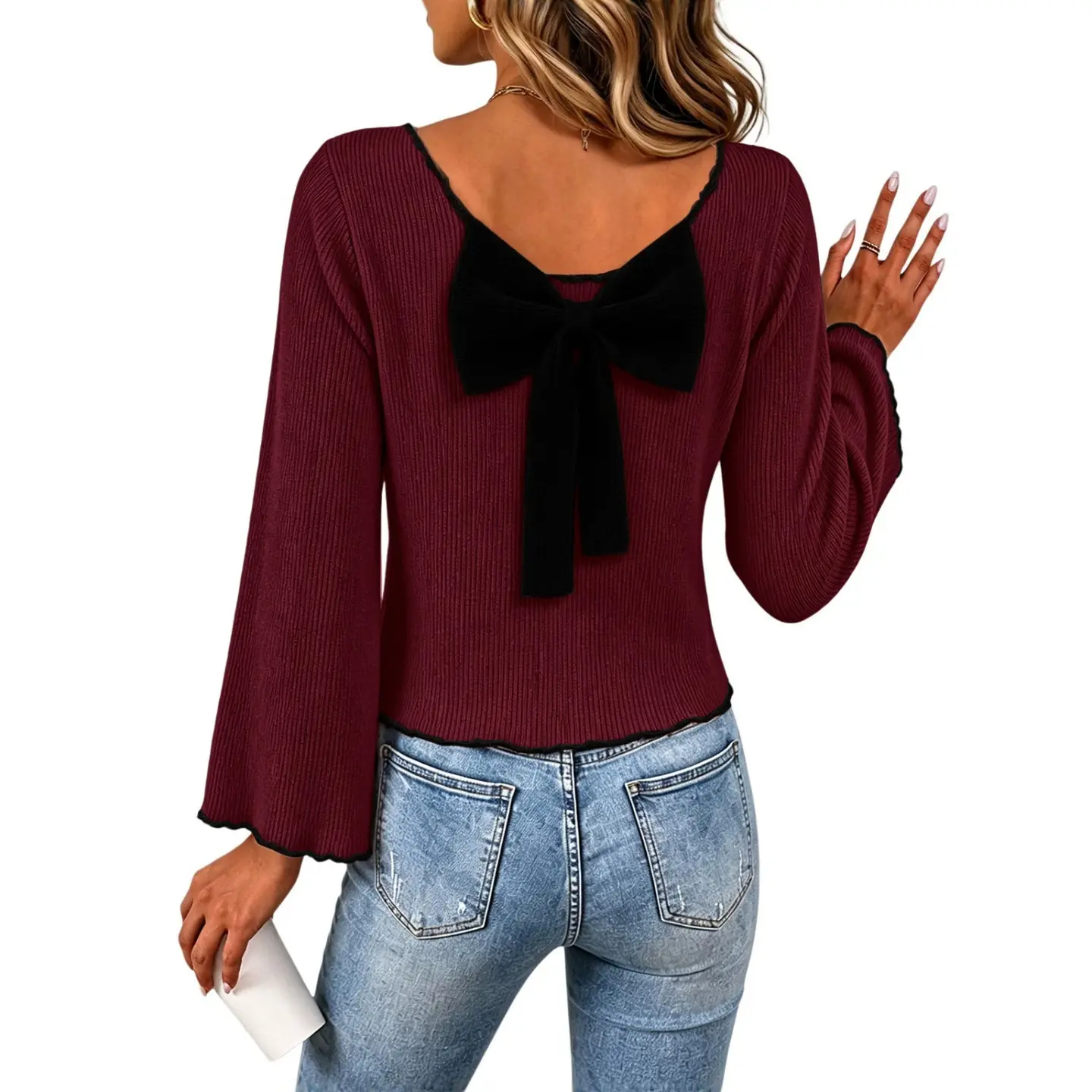 Solid-color Autumn Long-sleeve Blouse With A Bow For Women