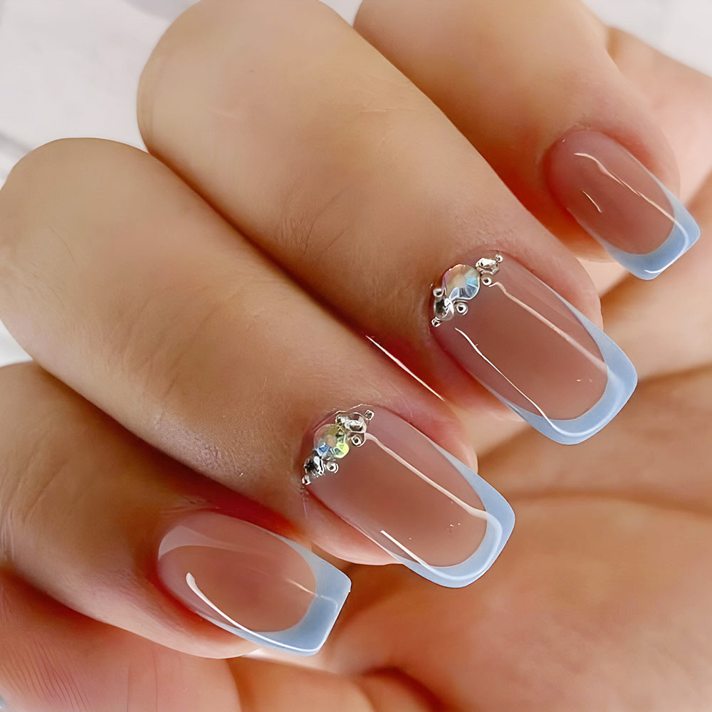 24pc Short Square French Tip Press-On Nails with 3D Rhinestones | Premium Acrylic Fake Nail Kit with Jelly Glue & Nail File