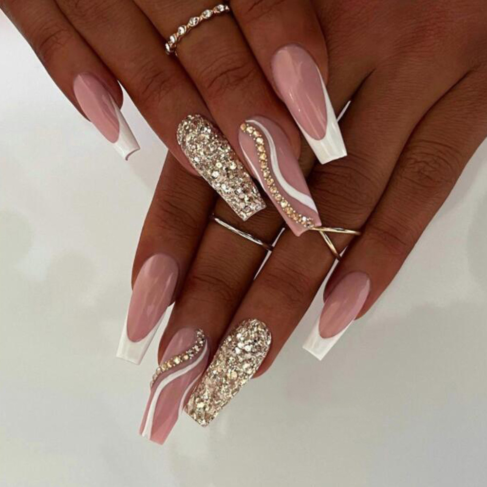 24 Pcs Long Coffin Press On Nails Set - Elegant French Tip Fake Nails with 3D Rhinestone Crystals & Geometric Lines (Includes Jelly Glue & Nail File)