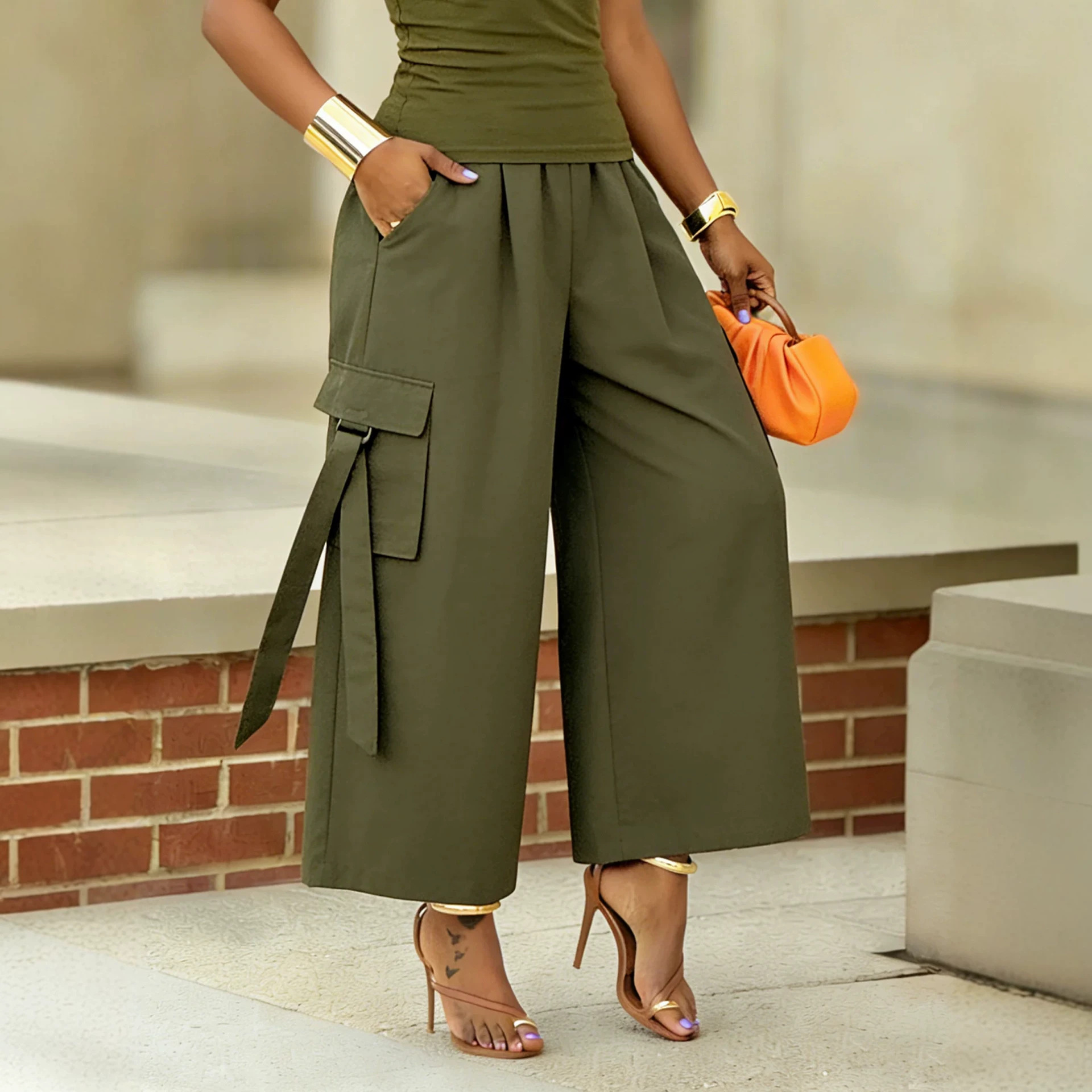 Women's Chic Cropped Utility Pants - Wide-Leg Cargo Trousers with Ribbon Detail