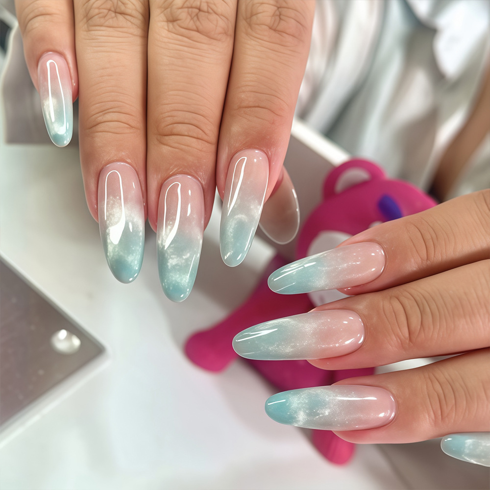 24pc Long Oval Cat-Eye Press-On Nails Kit - Blue Gradient Acrylic Nails with Glue & File