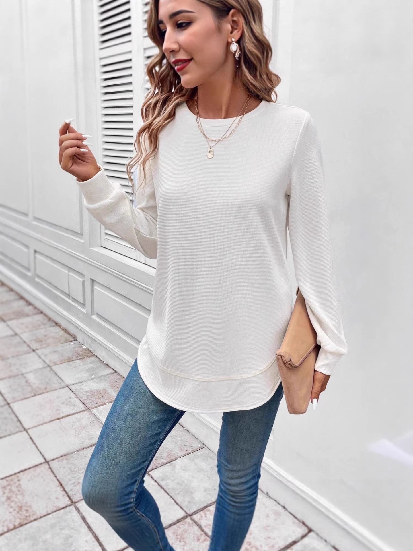 Women's Asymmetric Textured Long Sleeve Crew Neck T-Shirt - Comfortable Casual Fashion Top