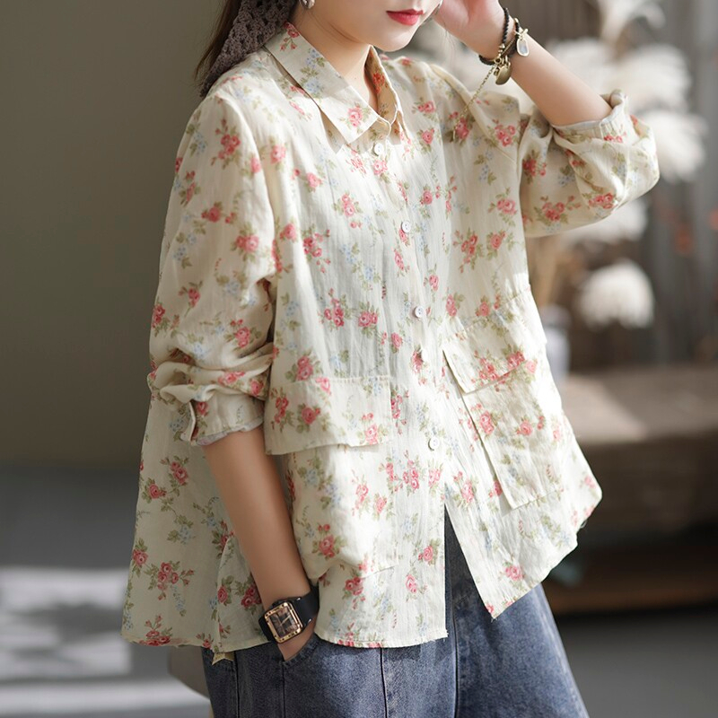 Elegant Vintage Floral Long-Sleeve Blouse – Women's Retro Boho Shirt