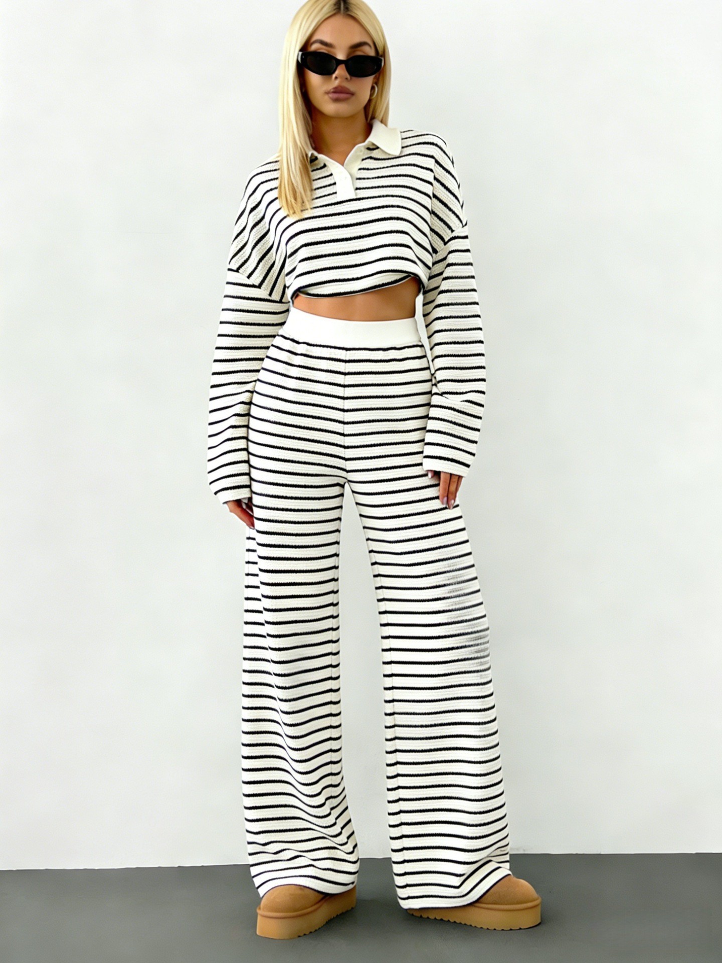 Women's Striped Knit 2-Piece Lounge Set | Loose Long Sleeve Lapel Top & Casual Pants