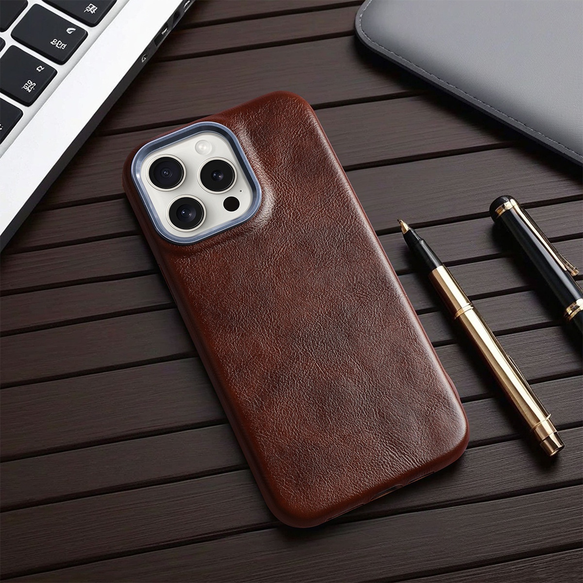 Luxury Retro PU Leather Protective Case with Metal Frame Accent for iPhone 14, 13, 12, 11 Pro Max