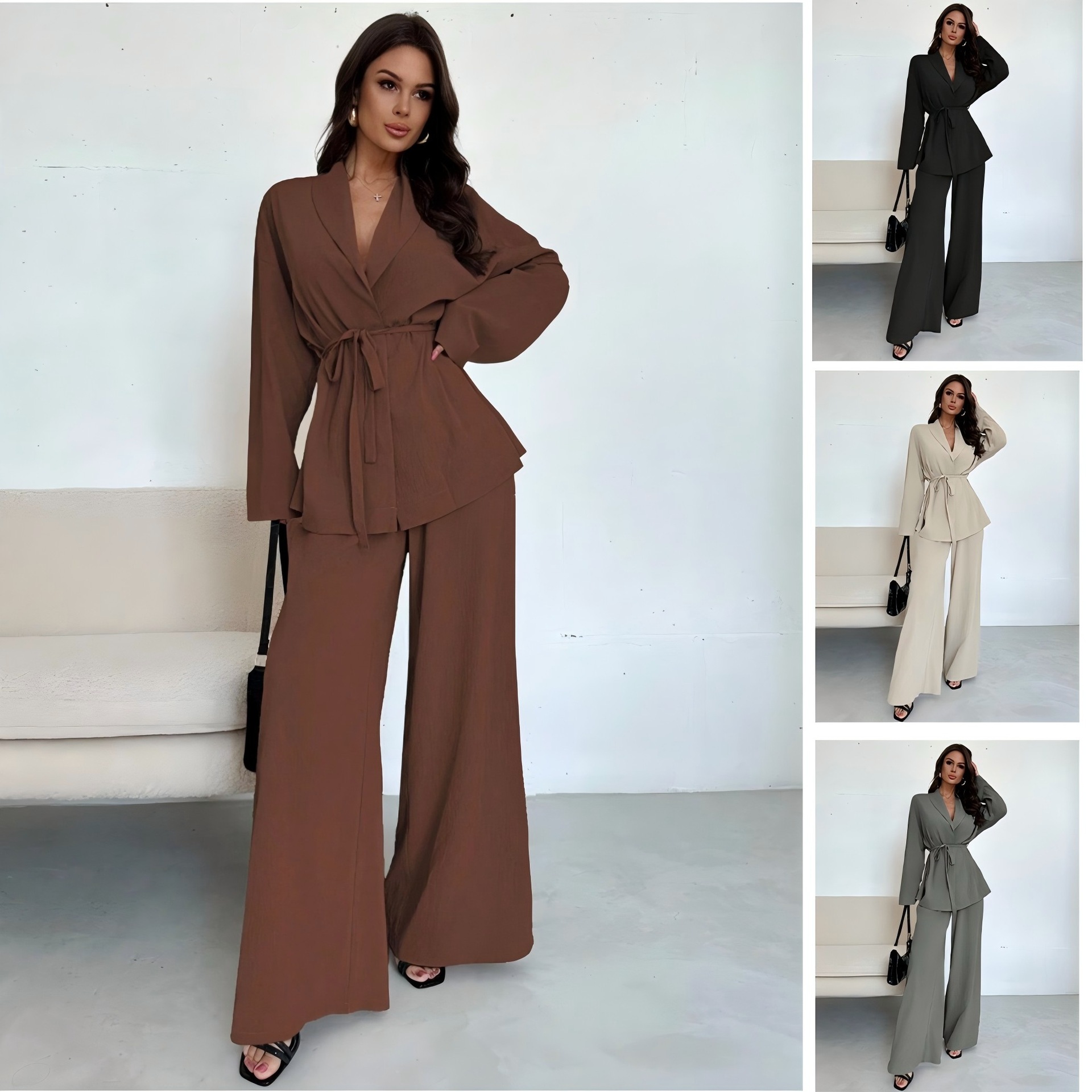 Women's Elegant 2-Piece Cardigan & Wide-Leg Pants Set - Cozy V-Neck Lounge & Workwear Outfit