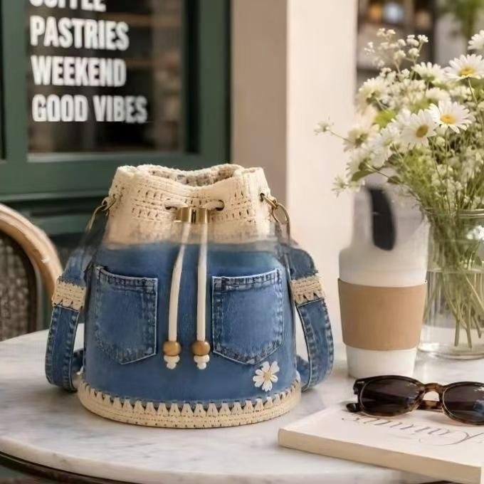 Women's Retro Denim Patchwork Crochet Bucket Bag | Vintage Boho Shoulder Bag
