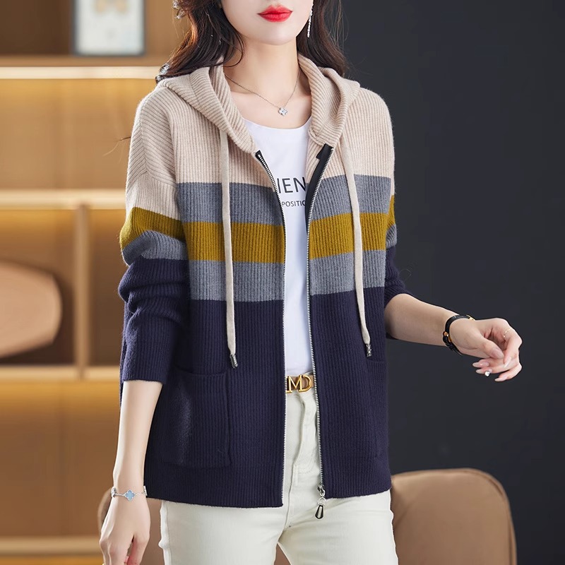 Chic Color-Block Striped Hooded Knit Cardigan | Dual-Zipper Loose Fit Sweater Coat