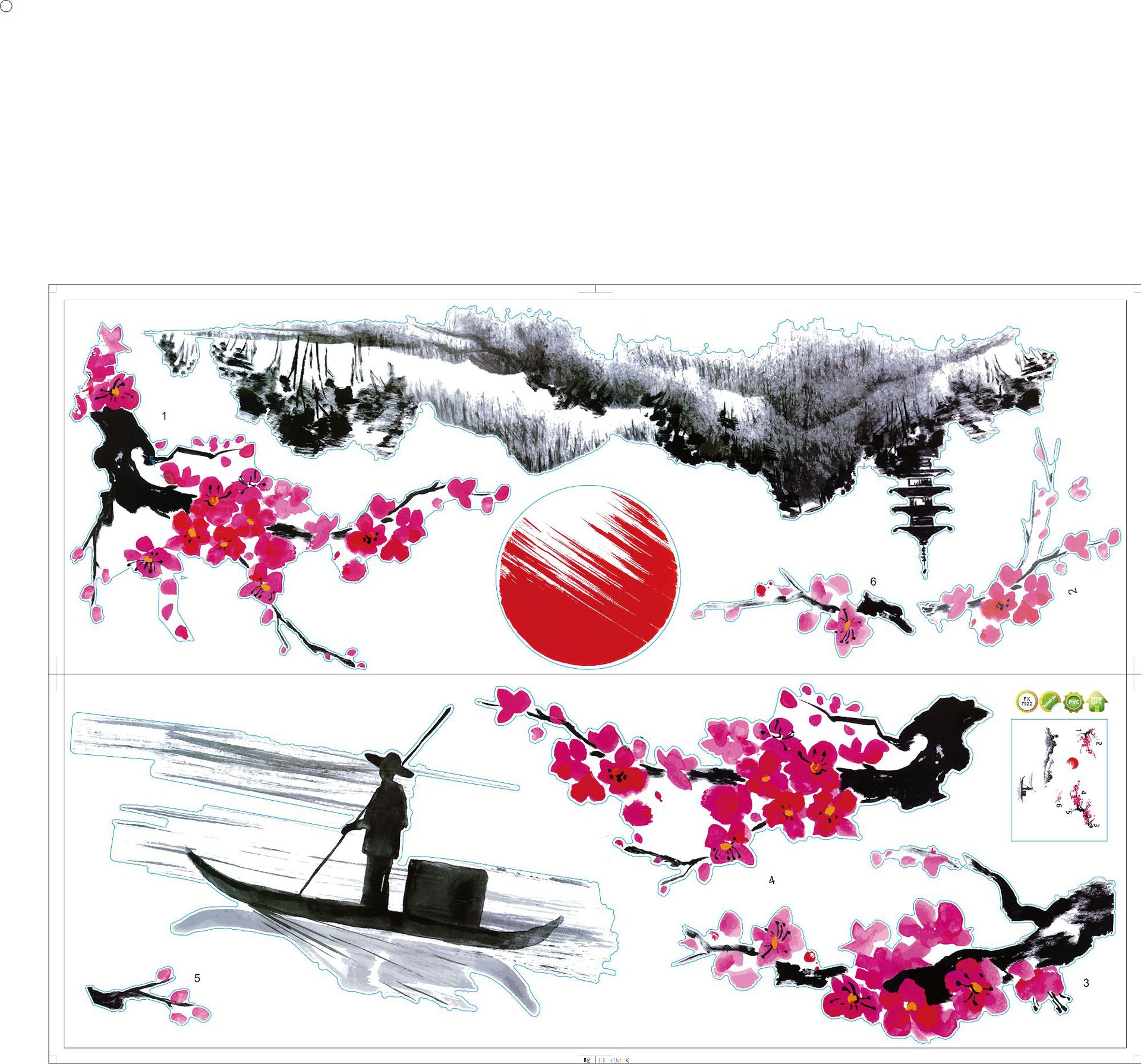 Elegant Plum Blossom & River Landscape Removable Wall Sticker Set - Modern Minimalist Peel and Stick Wall Decals for Home Decor (2-Piece Set)