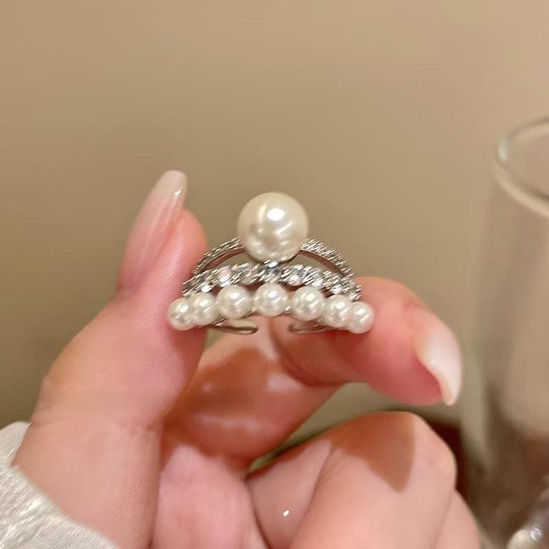 Elegant Crown Pearl & Zircon Adjustable Open Ring for Women | Light Luxury Geometric Statement Ring