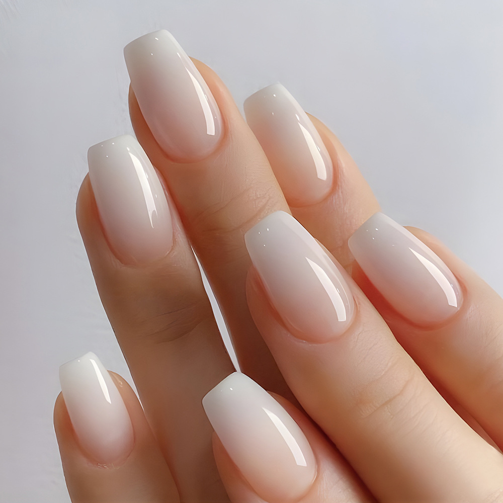 24-Piece Elegant White Gradient Short Coffin Press-On Nails Kit - Salon-Quality DIY Manicure Set with Glue & Nail File