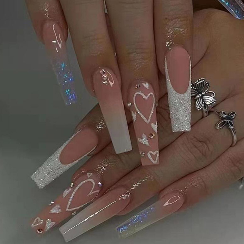 24pc Valentine's Day Long Coffin Press-On Nails - 3D Heart Gems, Glitter & White French Tip Luxury Manicure Kit