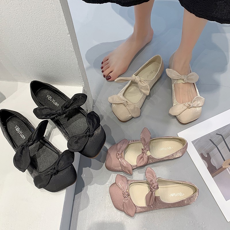 Chic Korean-Style Bow Mary Jane Flats - Ultra-Comfortable Square Toe Slip-On Shoes