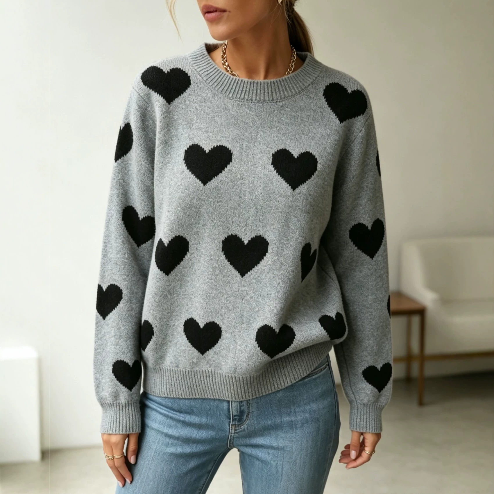Women's Cozy Geometric Ribbed Knit Sweater – Elegant Long Sleeve Pullover