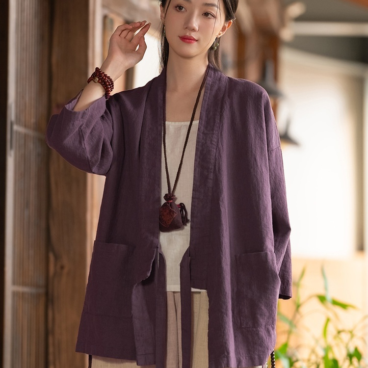 Women's Vintage Mandarin Collar Cotton Linen Cardigan Jacket | Zen-Inspired Loose Fit Batwing Sleeve Top