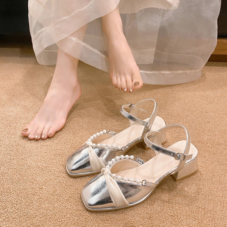Women's Silver French Mary Jane Pumps – Elegant Fairy Style Block Heel Closed Toe Shoes