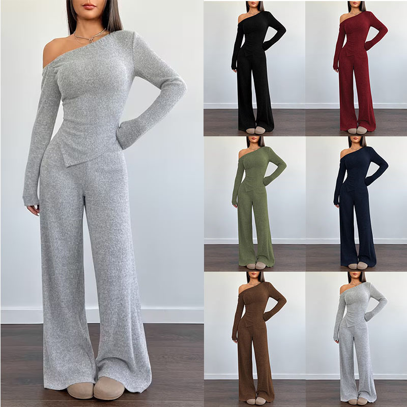 Women's Cozy Knit 2-Piece Lounge Set - Dropped Shoulder Long Sleeve Top & Wide-Leg Pants